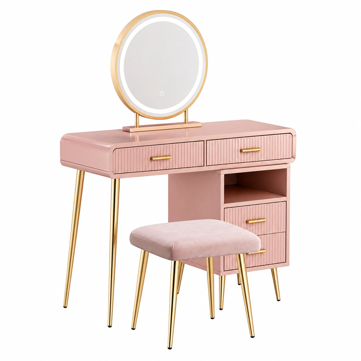 Tocador moderno con espejo LED y taburete rosa elegante-ordernovae