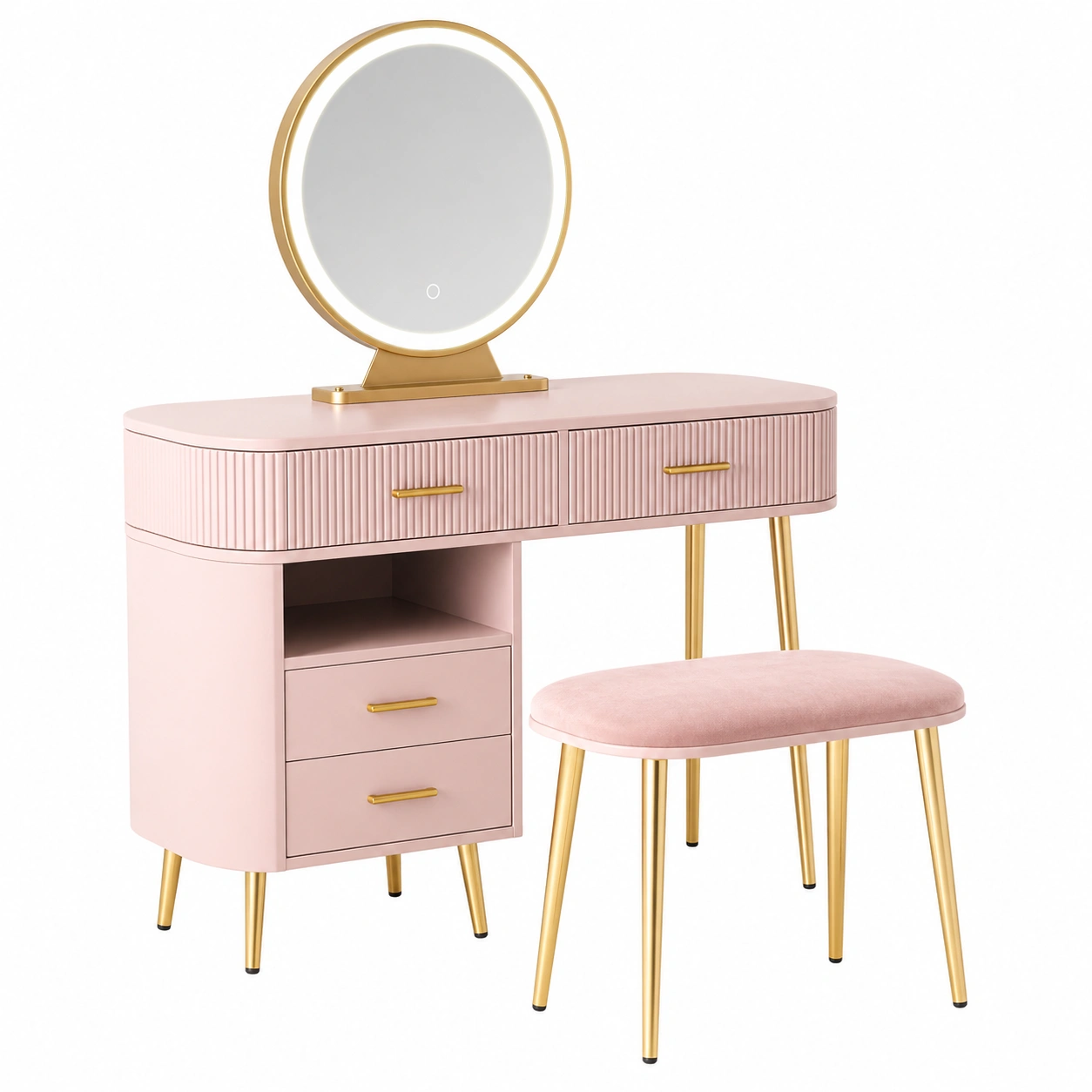 Tocador moderno con espejo LED y taburete rosa elegante estilo nórdico-ordernovae