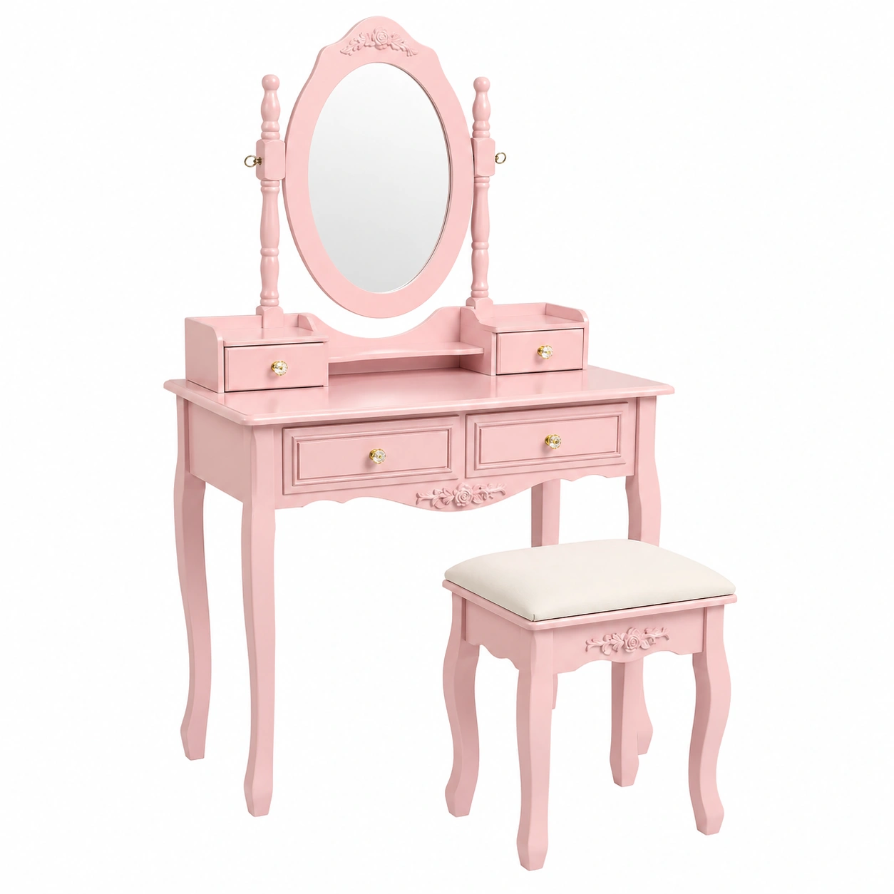 Tocador Elegante con Espejo Ovalado y Taburete Acolchado en Rosa Pastel-ordernovae