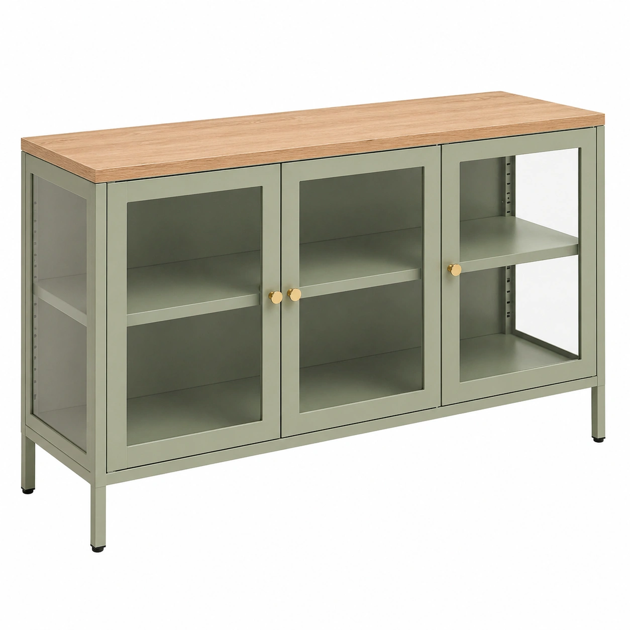 Aparador Vitrina Metálico con Puertas de Cristal y Encimera Efecto Madera en Verde Oliva-ordernovae