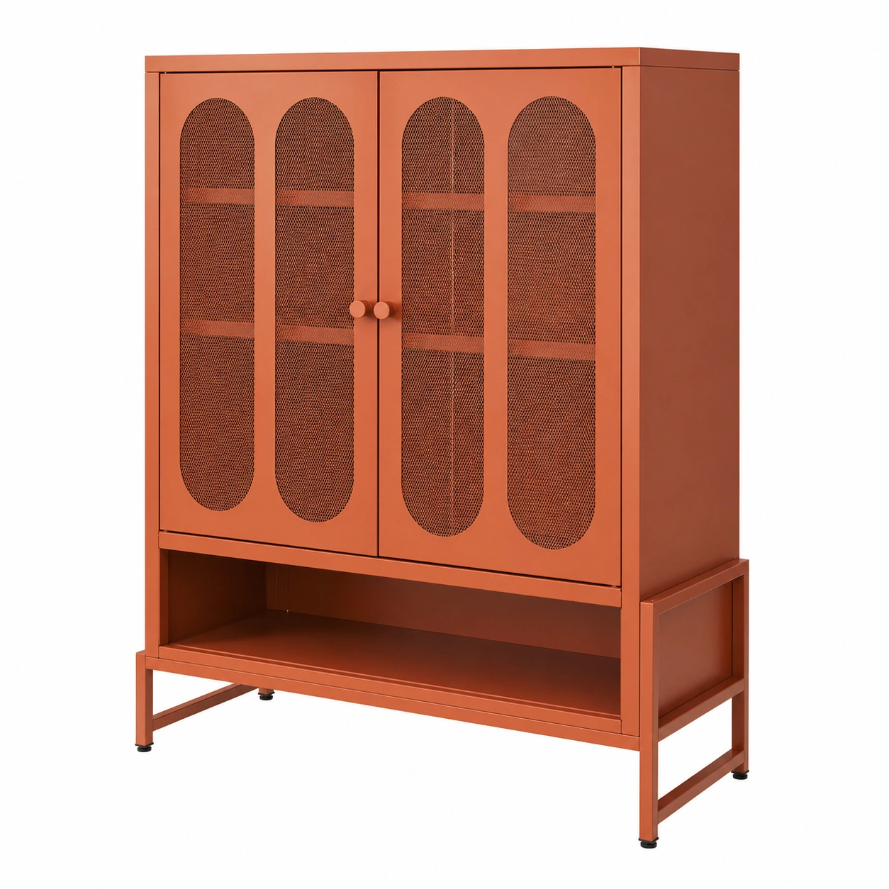 Aparador metálico de 2 puertas con rejilla y estante inferior Naranja óxido industrial-ordernovae