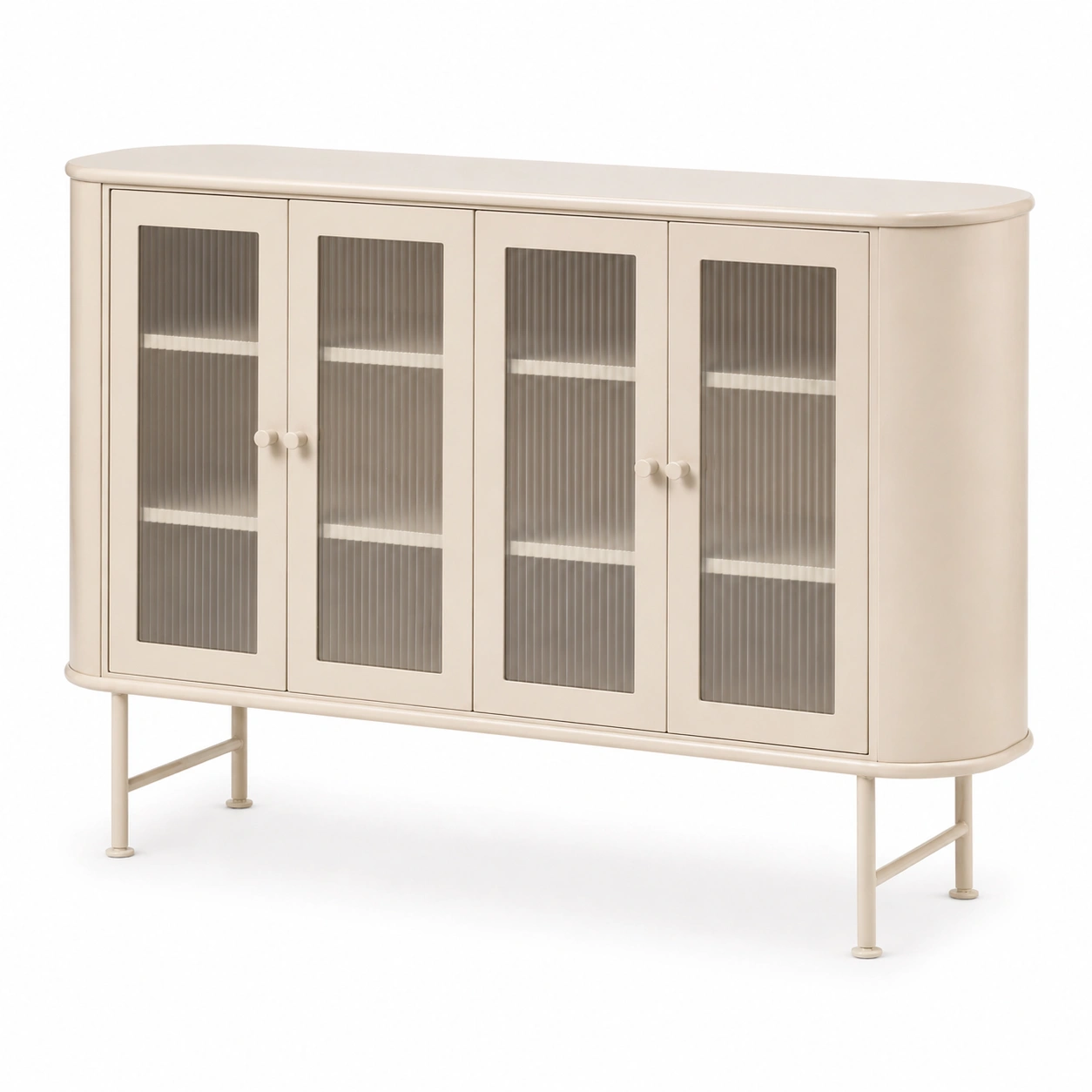 Aparador metálico moderno de 4 puertas con vidrio acanalado color beige-ordernovae
