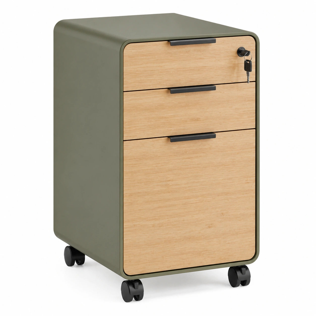 Cajonera de oficina con ruedas estilo moderno Verde oliva y madera-ordernovae
