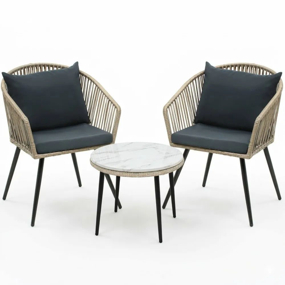 Conjunto de muebles de jardín de tres piezas, fabricado en ratán sintético beige/negro, con una mesa redonda de aleación de aluminio.-Zenhaveneu