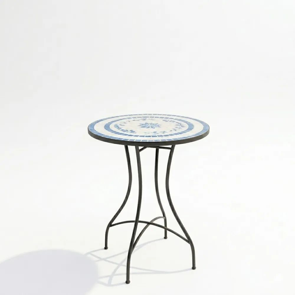 Mesa redonda de mosaico cerámica y estructura de acero 60cm Azul/Blanco-Zenhaveneu