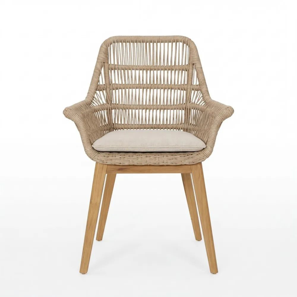 Silla de ratán sintético para exterior con cojín beige y patas de teca-Zenhaveneu