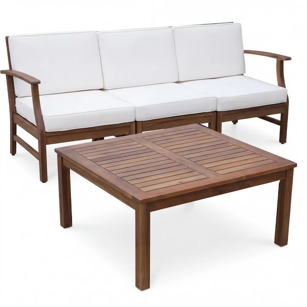 Conjunto de Sofá de Madera de Acacia con Cojines de Poliéster Blancos-Zenhaveneu