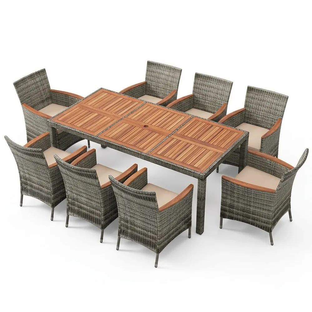 Conjunto de comedor de jardín de teca y mimbre sintético gris con 8 sillas-Zenhaveneu