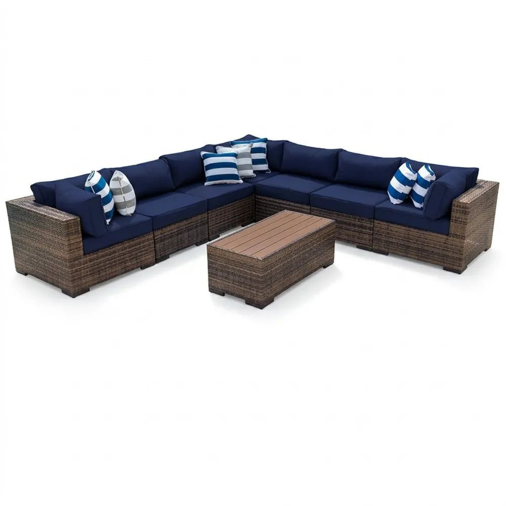 Conjunto de Sofá Esquinero Exterior 7 Piezas Ratán Azul-Zenhaveneu