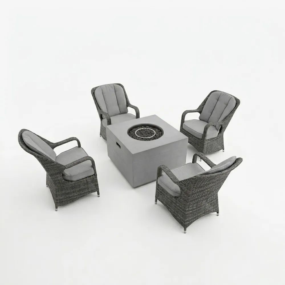 Set de Jardín con 4 Sillas de Ratán y Mesa con Hogar de Cemento-Zenhaveneu