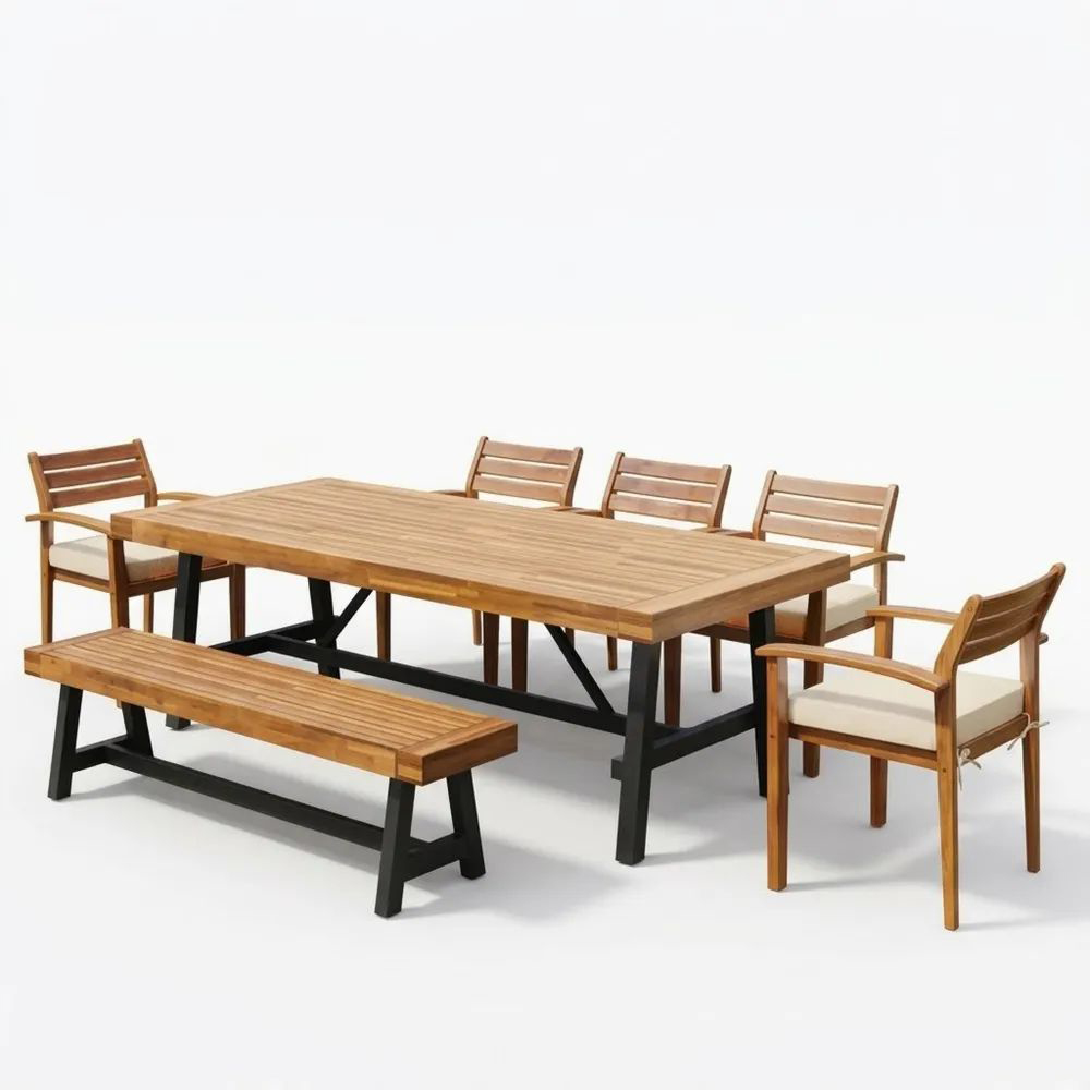 Juego de Comedor Exterior de Madera de Acacia y Acero con 6 Sillas y Banco-Zenhaveneu