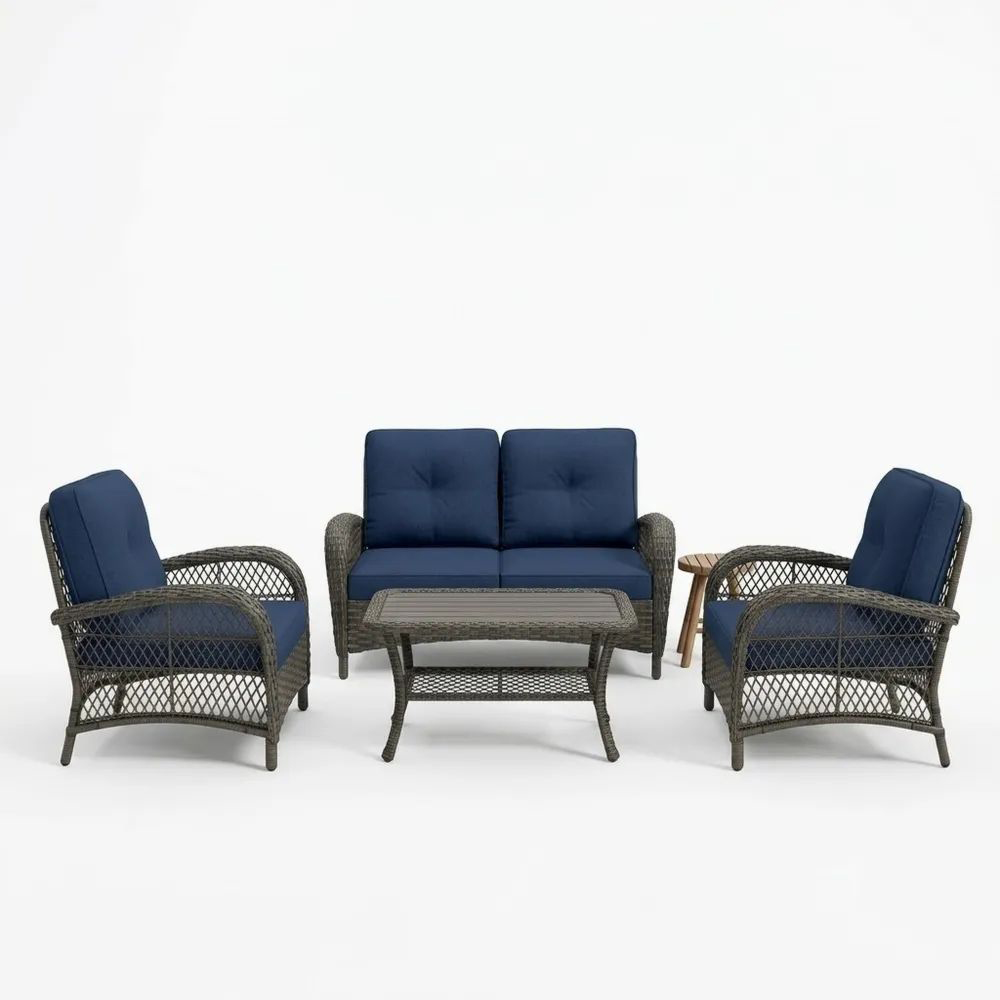 Conjunto de Muebles de Jardín de Ratán Sintético con Cojines Azul Marino-Zenhaveneu