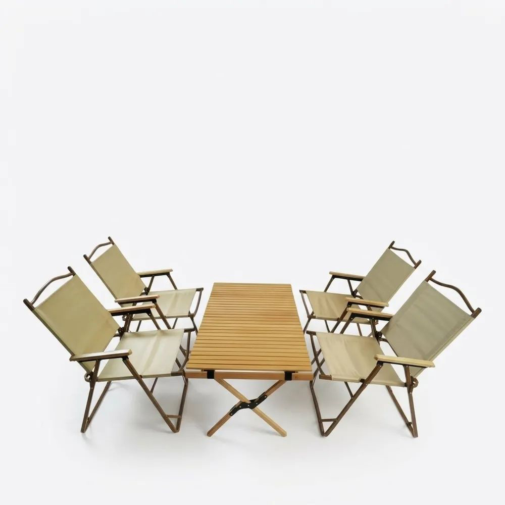 Conjunto de mesa y sillas de aluminio y roble con poliéster beige dimensiones120x60x70 cm-Zenhaveneu