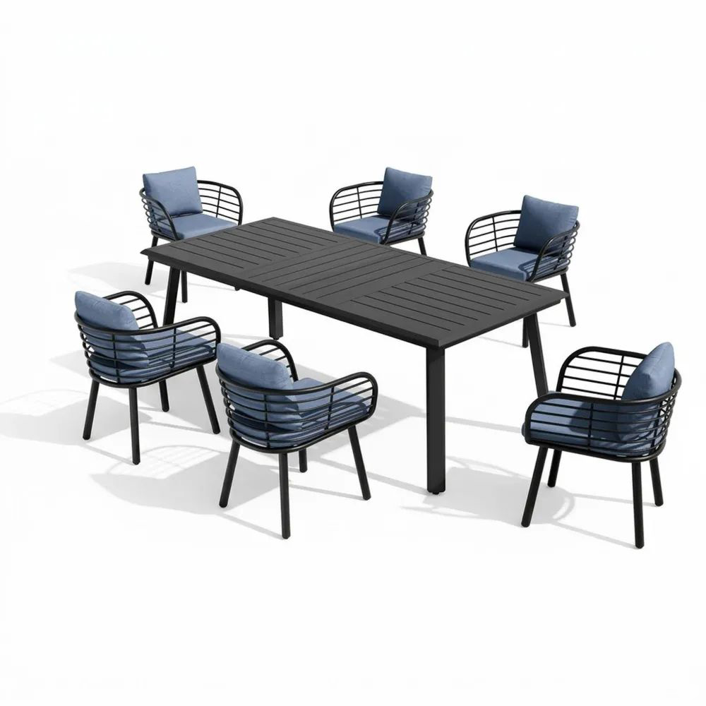 Conjunto de mesa y sillas de comedor de aleación de aluminio con 6 sillas de acero y cojines azules.-Zenhaveneu