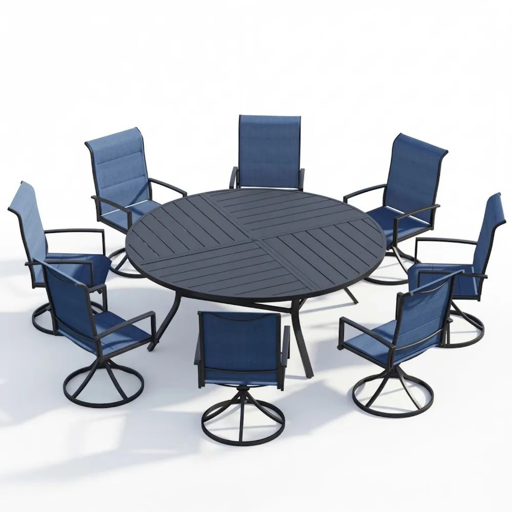 Conjunto de comedor exterior de aluminio negro y azul con 8 sillas giratorias-Zenhaveneu