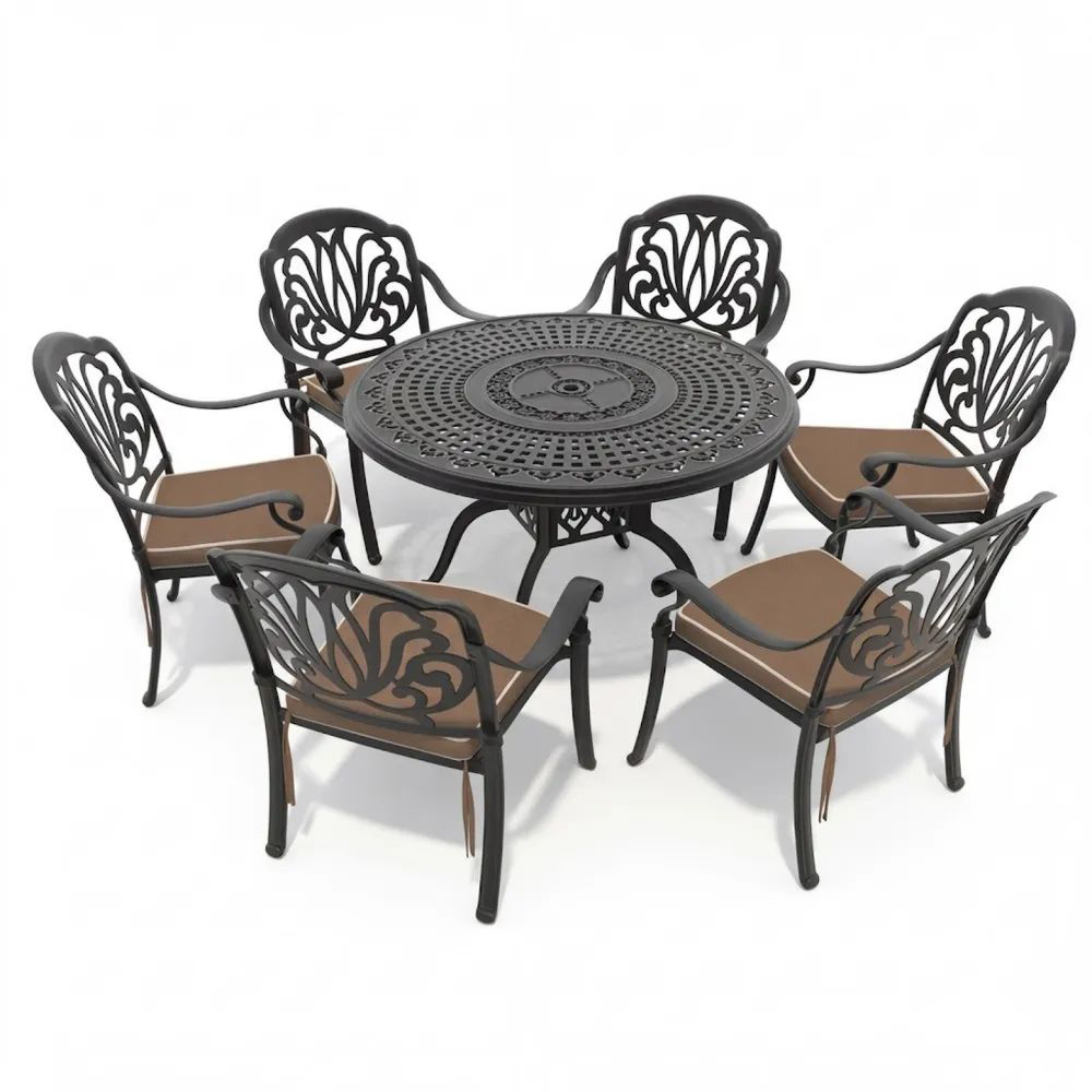 Conjunto de mesa y sillas de aleación de aluminio con cojines marrones.-Zenhaveneu