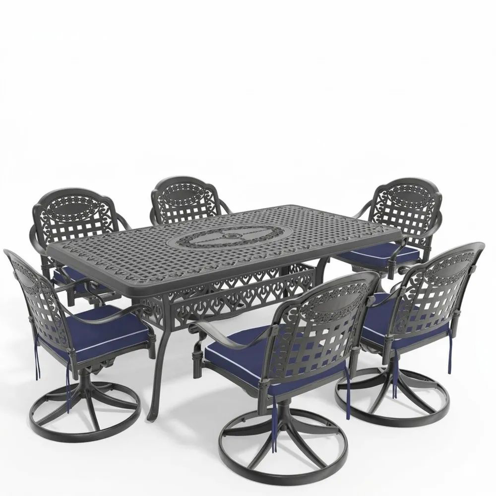Conjunto de Jardín de Aluminio con 6 Sillas Giratorias y Cojines Azul, Mesa Rectangular Negra-Zenhaveneu