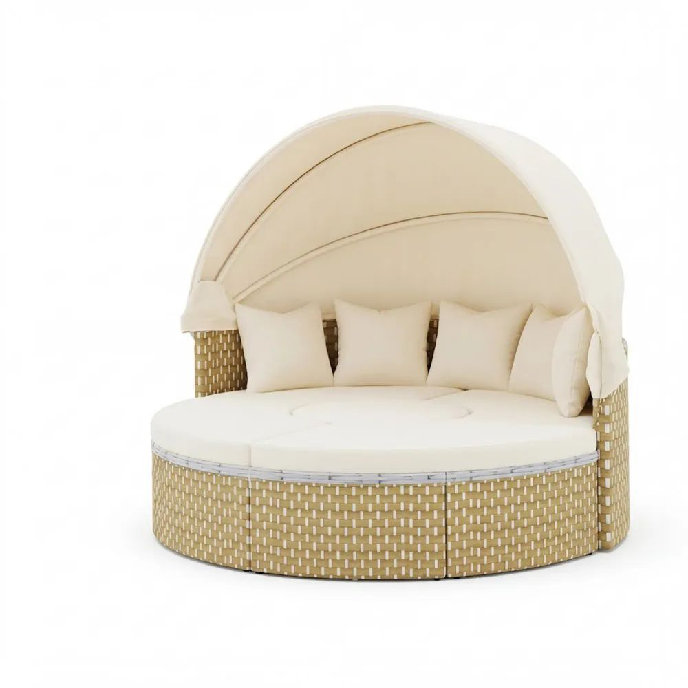 Sofá Redondo de Ratán Sintético Crema con Sombrilla-Zenhaveneu