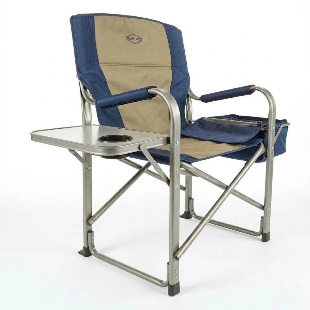 Silla de Camping Plegable con Marco de Aluminio y Mesa Lateral Azul/Beige-Zenhaveneu