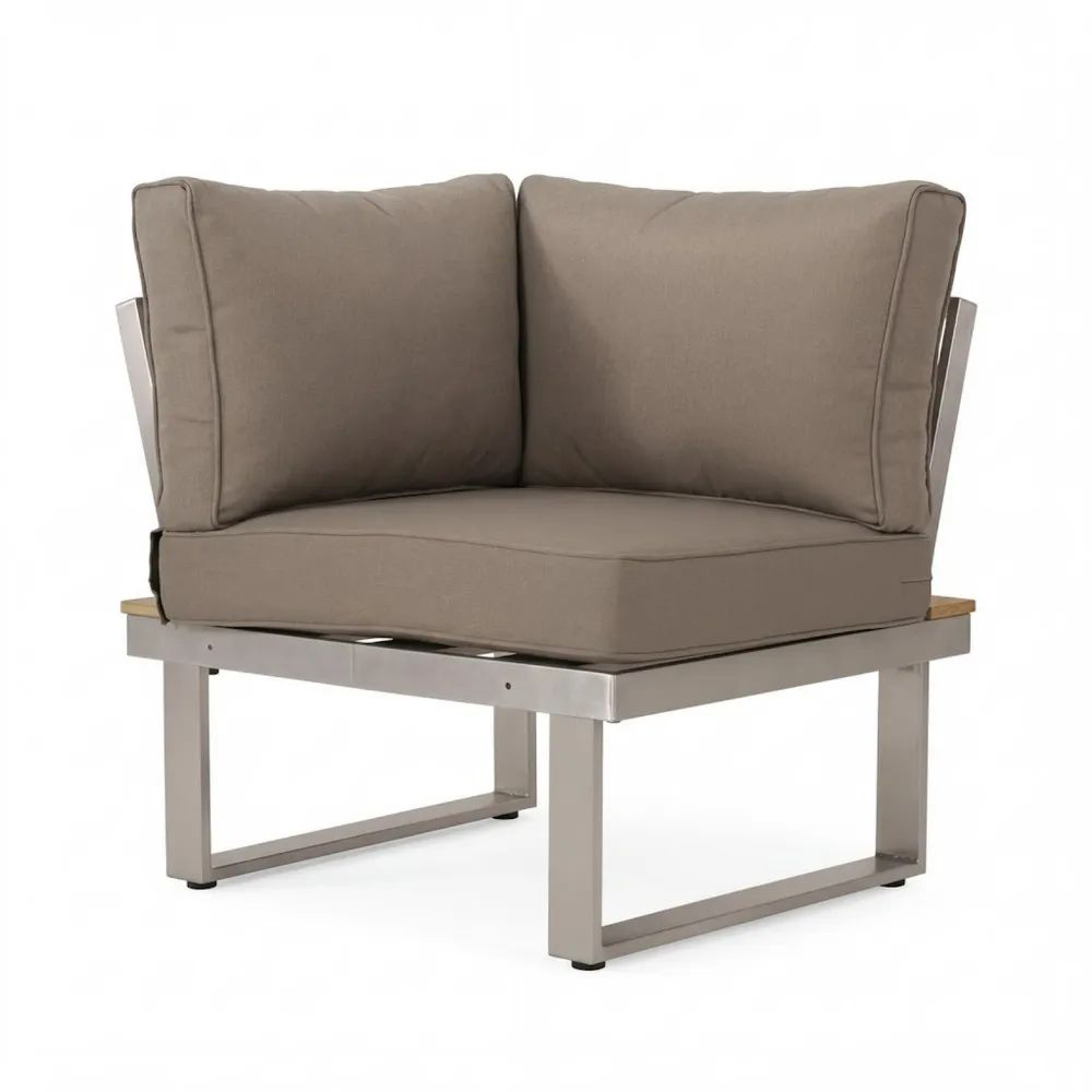 Sillón esquinero de acero inoxidable con cojín de tela gris.-Zenhaveneu