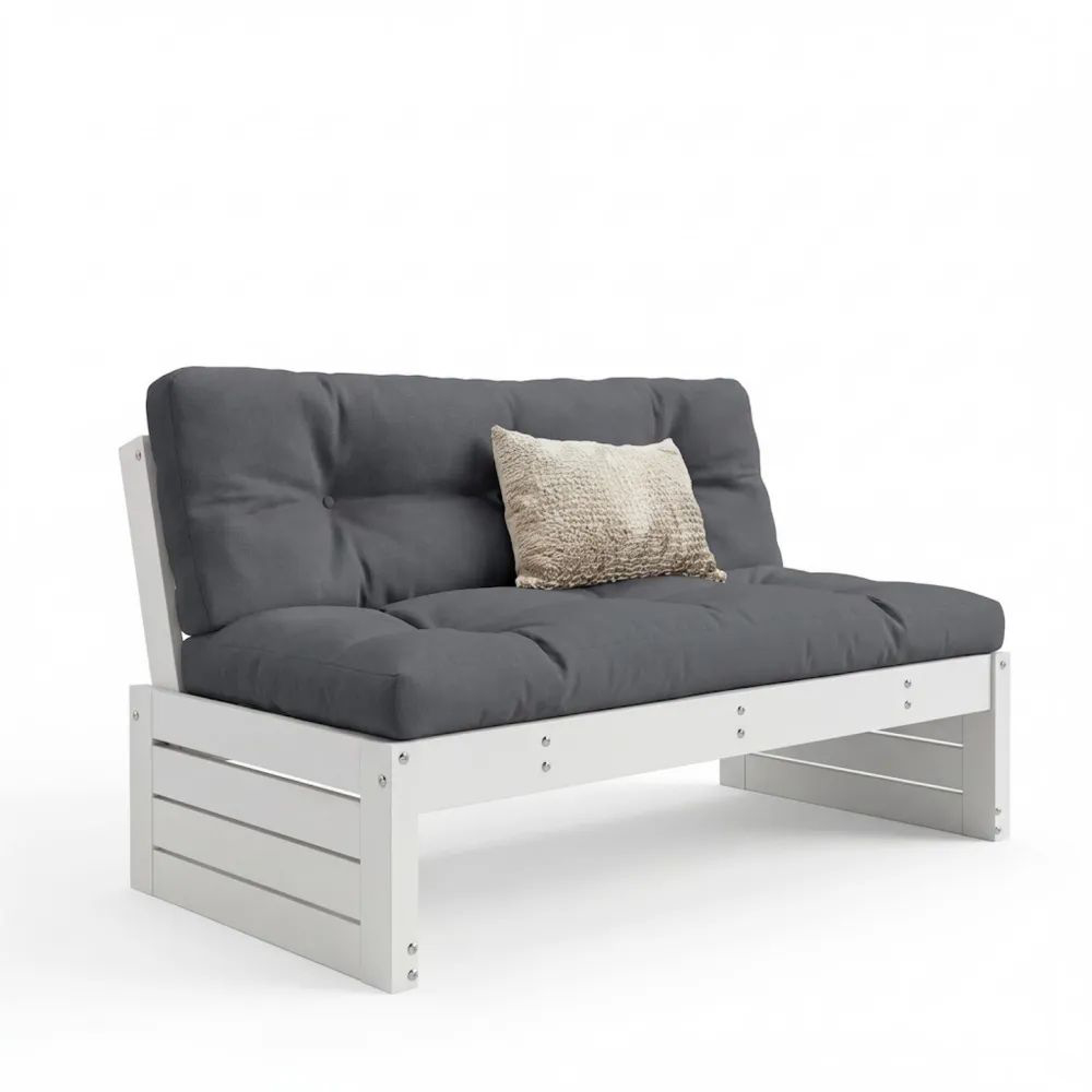 Sofá de jardín, 2 plazas, madera de pino, cojines gris oscuro.-Zenhaveneu