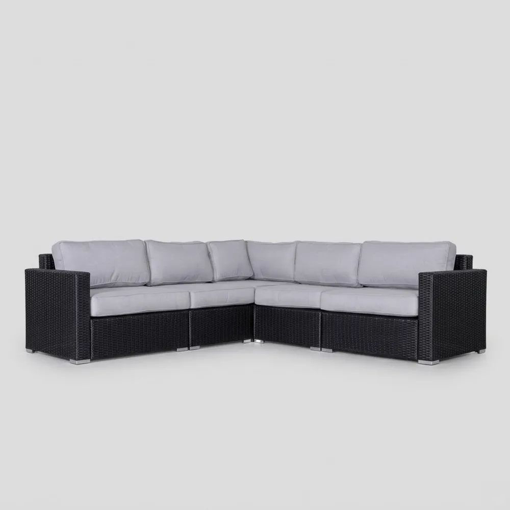 Sofá seccional de ratán sintético negro con cojines gris claro 250 cm x 250 cm-Zenhaveneu