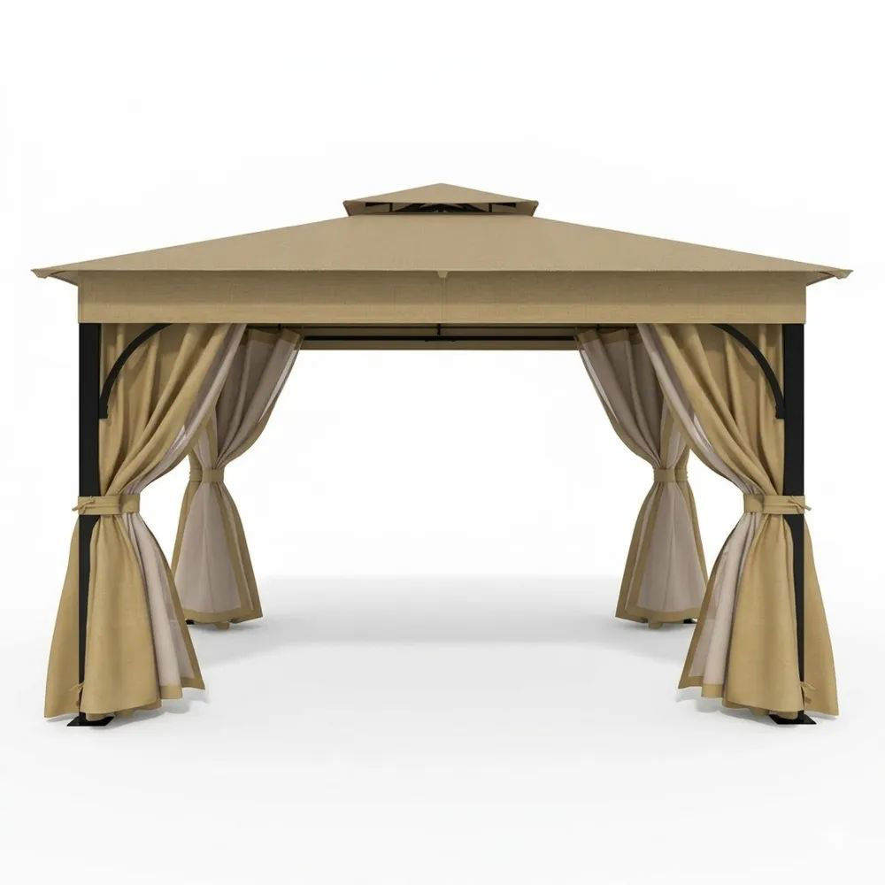 Pabellón de Jardín 3x3m Estructura de Acero Tela de Poliéster Beige-Zenhaveneu