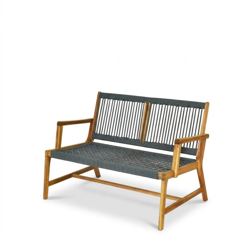 Banco de Jardín de Madera de Teca y Cuerda Sintética Gris-Zenhaveneu