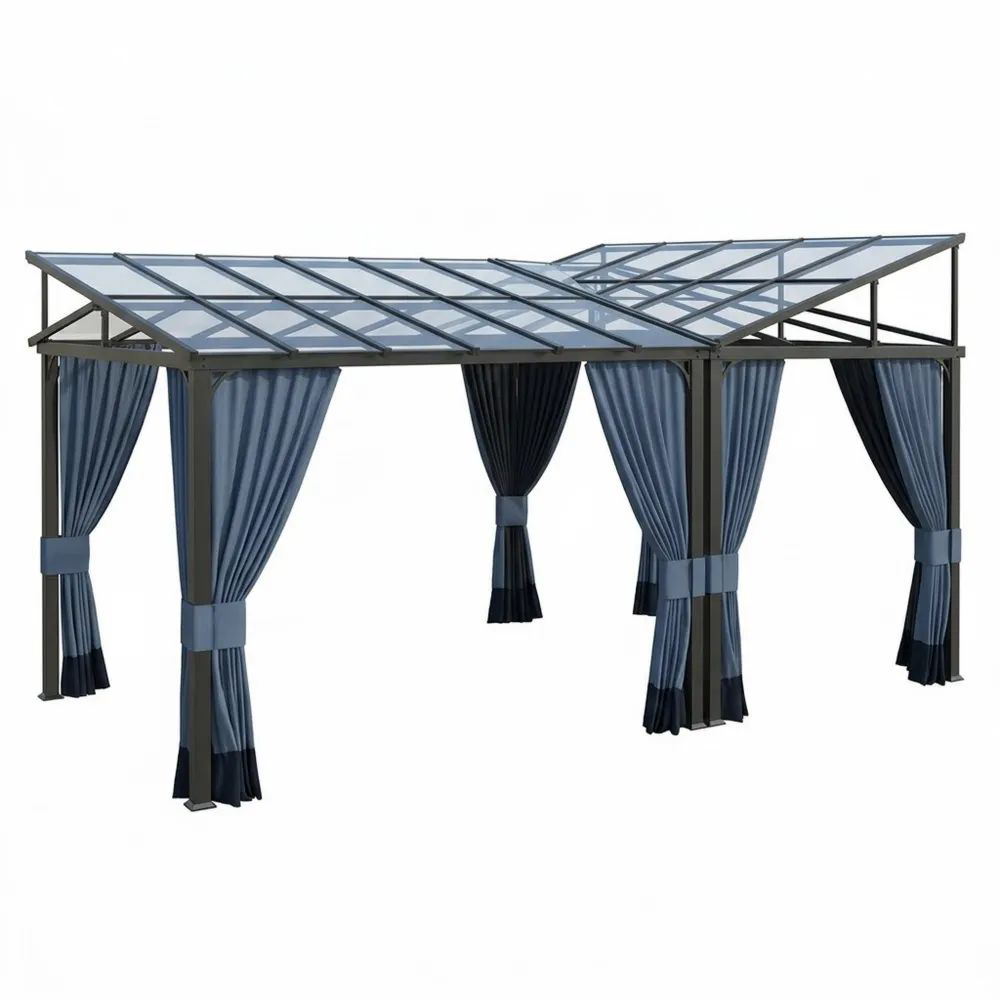 Pérgola de Aluminio con Vidrio Templado y Cortinas Azules 3x4m-Zenhaveneu