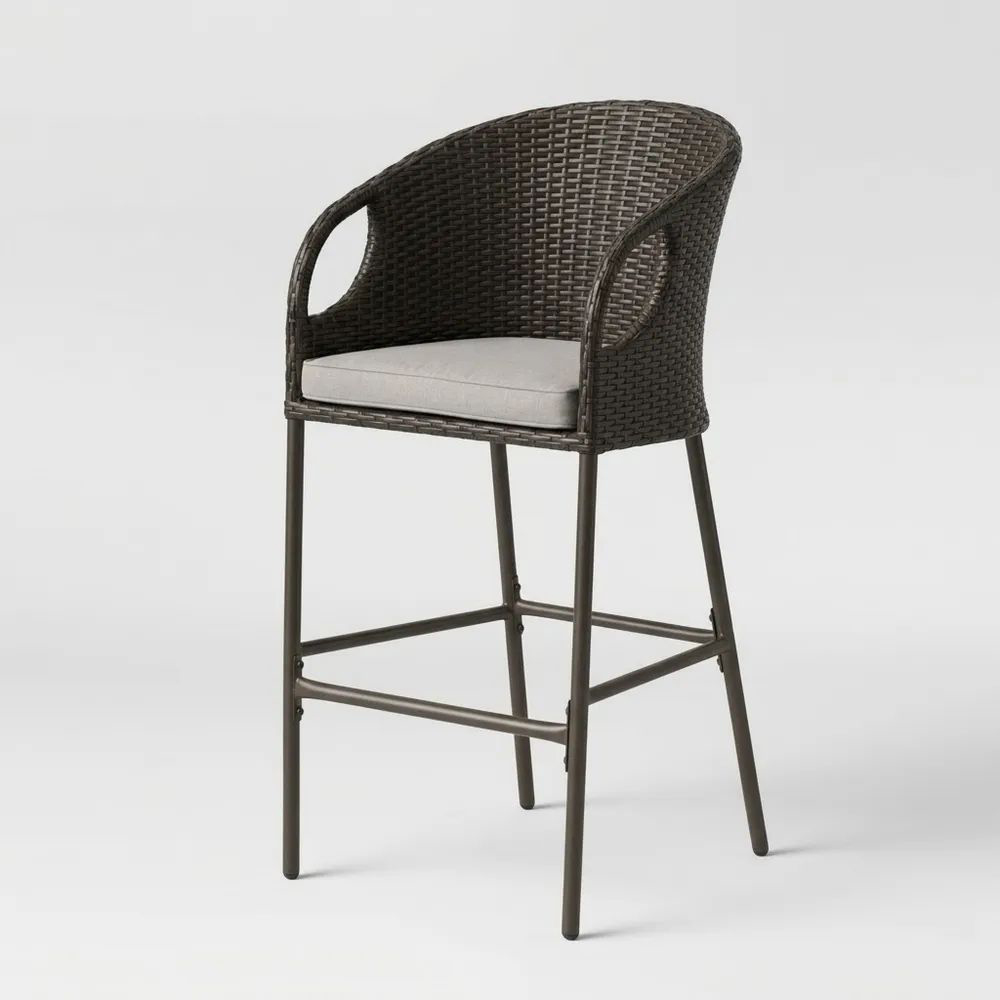 Silla de Bar Exterior con Respaldo de Mimbre Sintético y Cojín Gris Claro-Zenhaveneu