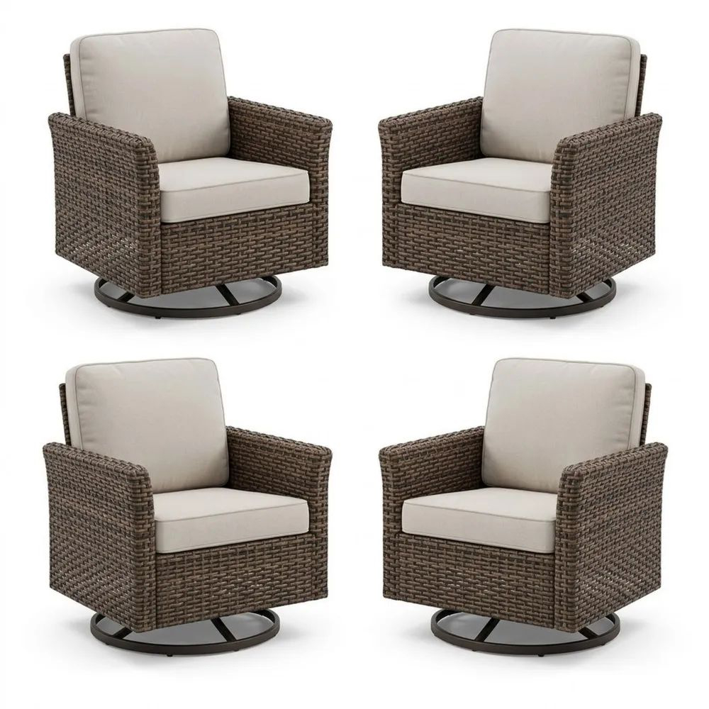 Juego de 4 sillones de ratán sintético marrón con cojines beige-Zenhaveneu