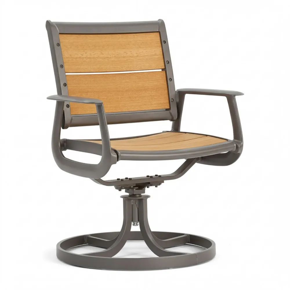 Silla giratoria de aluminio y madera de teca marrón-Zenhaveneu