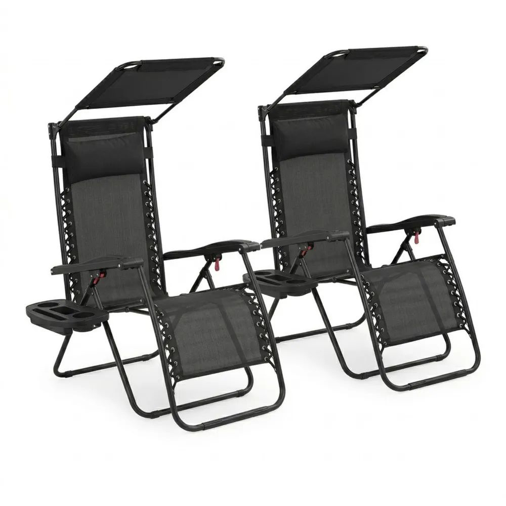 Conjunto de 2 sillones reclinables con toldo ajustable, estructura de acero y tejido de textileno-Zenhaveneu