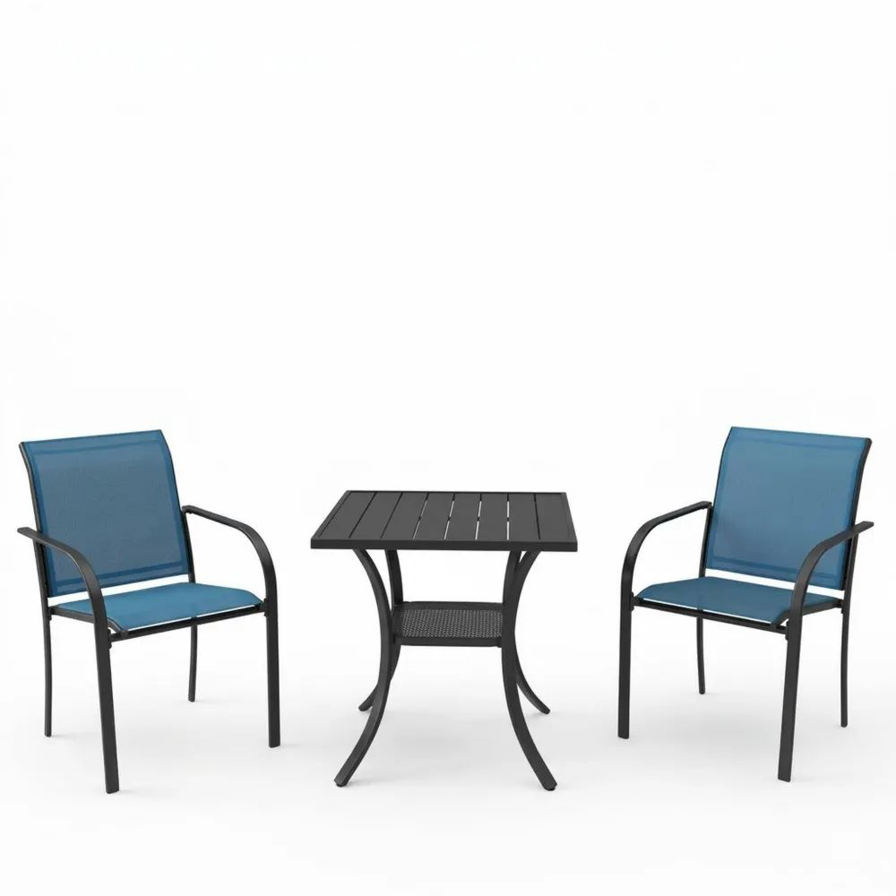 Conjunto de Mesa Cuadrada de Acero y Sillas de Textileno Azul para Exterior-Zenhaveneu