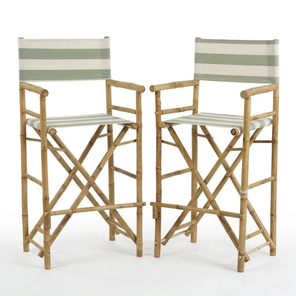 Sillas de Director de Bambú con Tela Rayada Verde y Blanca-Zenhaveneu
