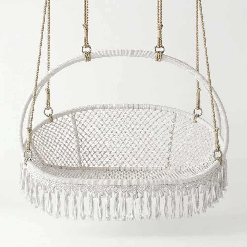 Hamaca colgante de macramé de algodón y acero-Zenhaveneu