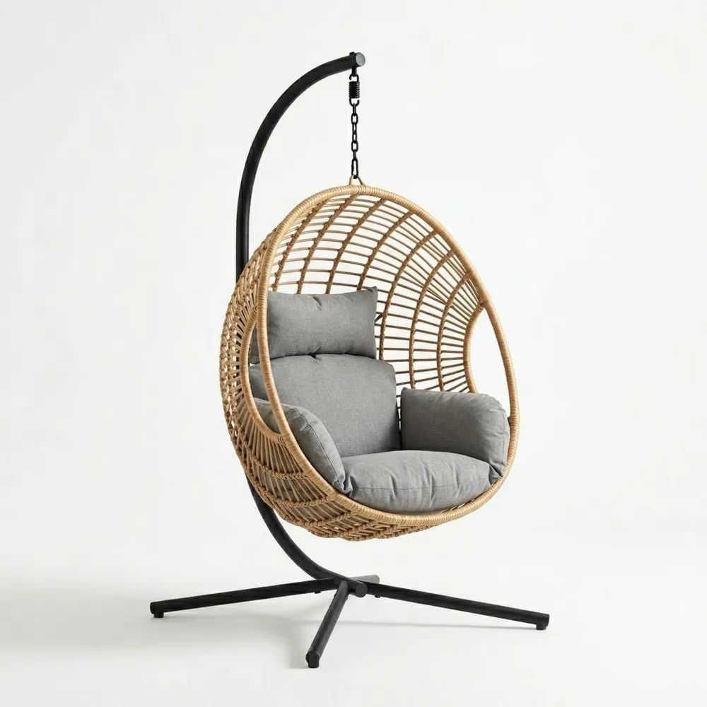 Silla Colgante de Rattan Sintético con Cojines Grises y Base de Acero-Zenhaveneu