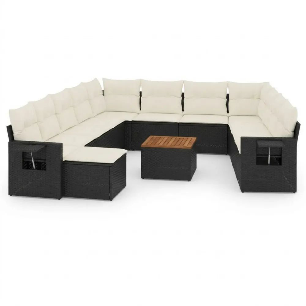 Sofá Esquinero Modular de Ratán Sintético Negro con Cojines Beige-Zenhaveneu