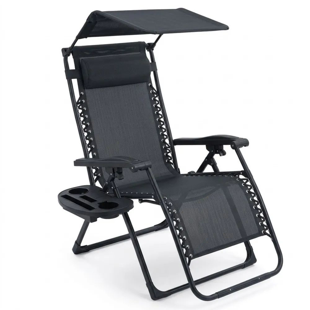 Tumbona de jardín con estructura de acero y tapizado de tela negra.-Zenhaveneu