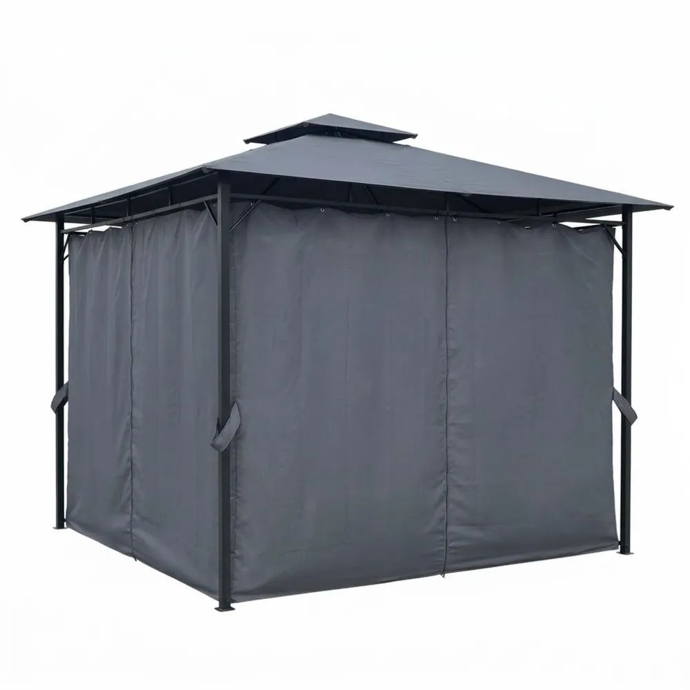 Cenador de jardín de acero con recubrimiento en polvo y cortinas, 300x300x270 cm-Zenhaveneu