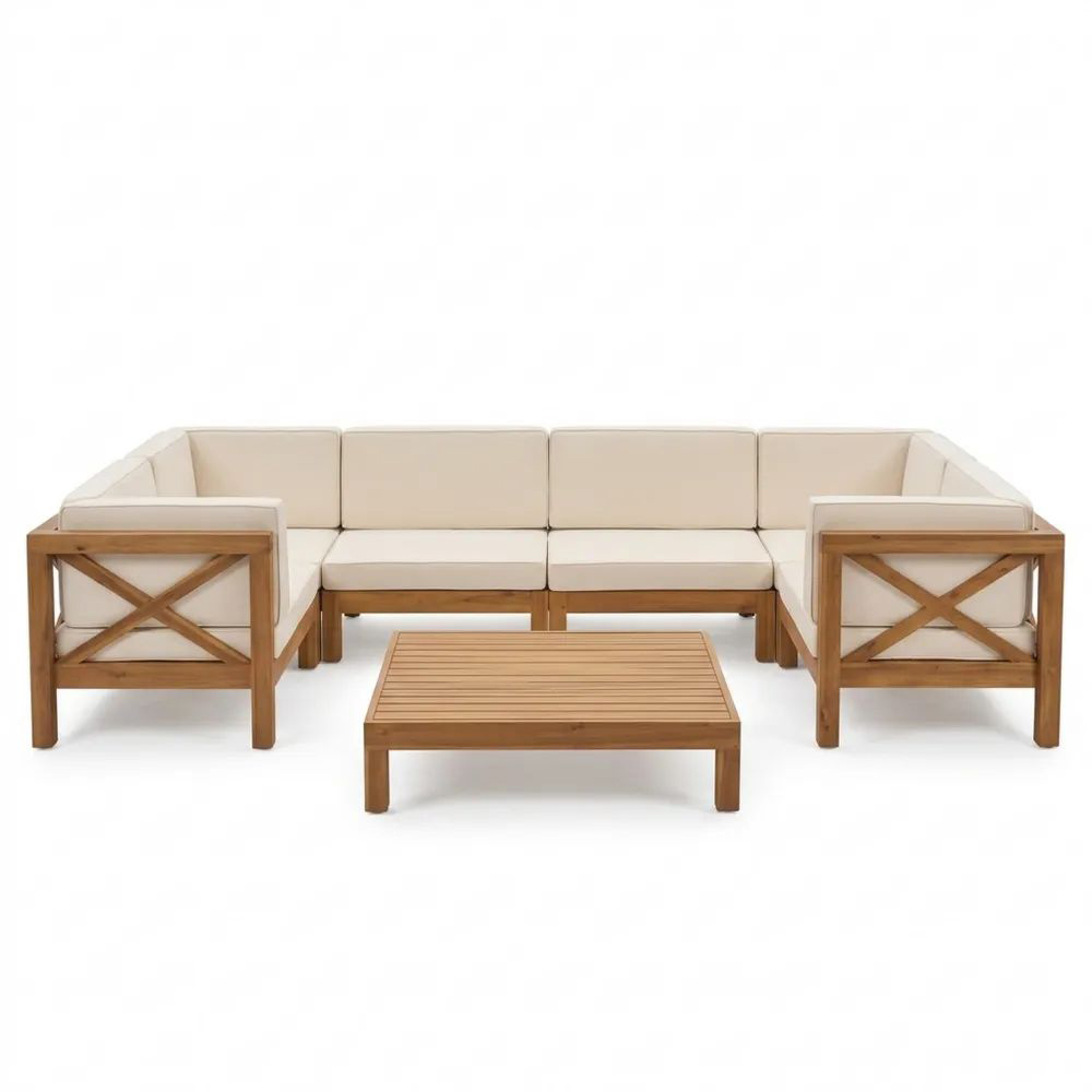 Conjunto de sofá esquinero de madera de acacia con cojines color crema.-Casaluxeeu