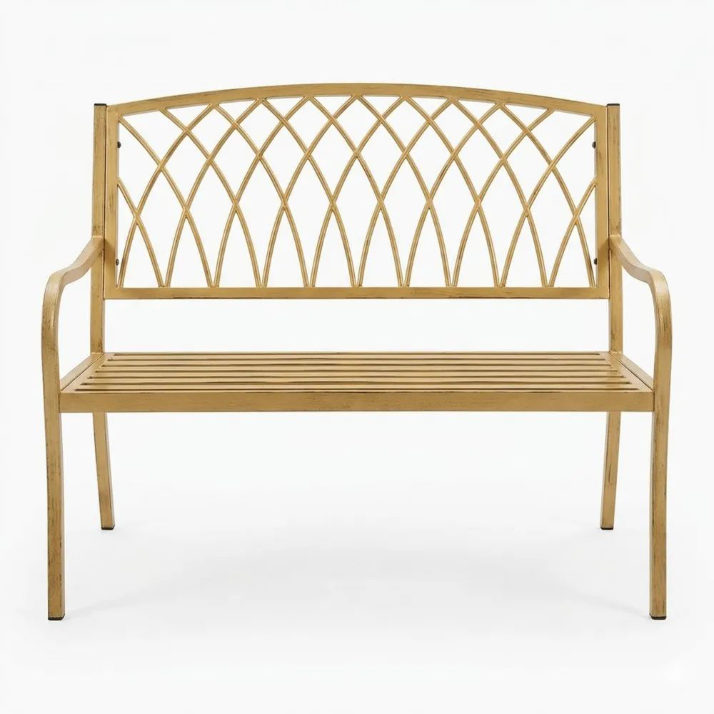 Banco de jardín de acero con diseño de rejilla dorada-Casaluxeeu