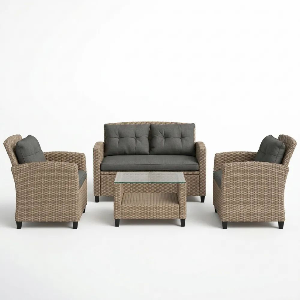 Conjunto de Sofás de Ratán para Jardín con Mesa de Vidrio Templado y Cojines Grises-Casaluxeeu