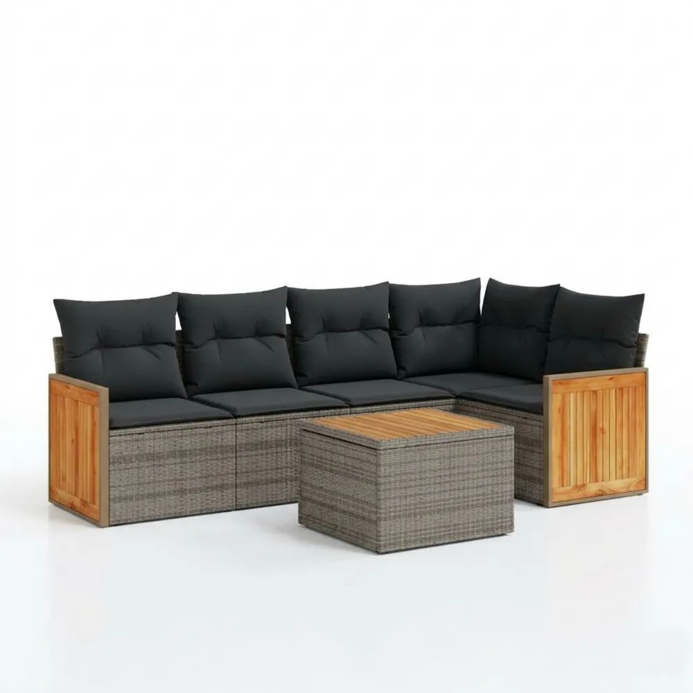 Conjunto de Sofá Esquinero de Ratán PE y Madera de Pino con Cojines Negros-Casaluxeeu