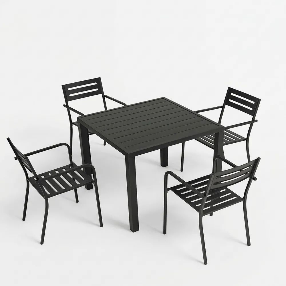 Conjunto de mesa y sillas de aluminio con recubrimiento en polvo negro para exterior-Casaluxeeu