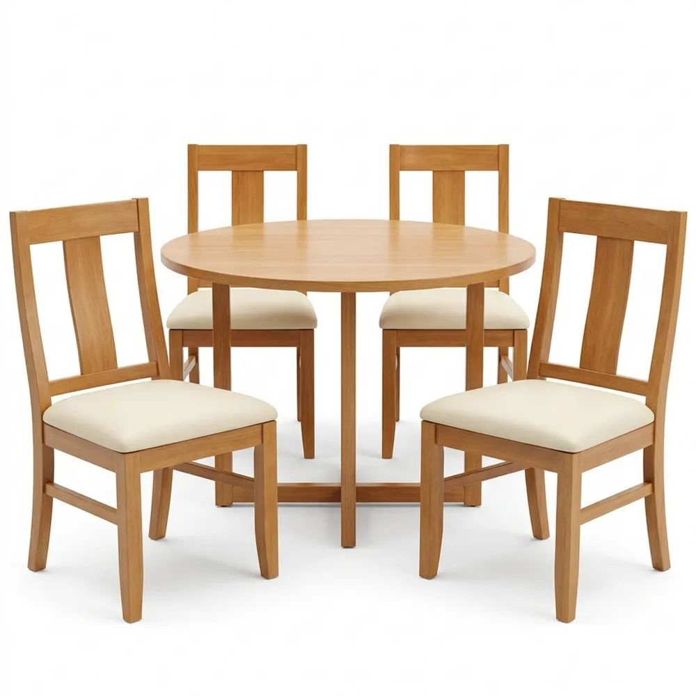 Conjunto de mesa redonda de roble con 4 sillas y cojines de color crema-Casaluxeeu