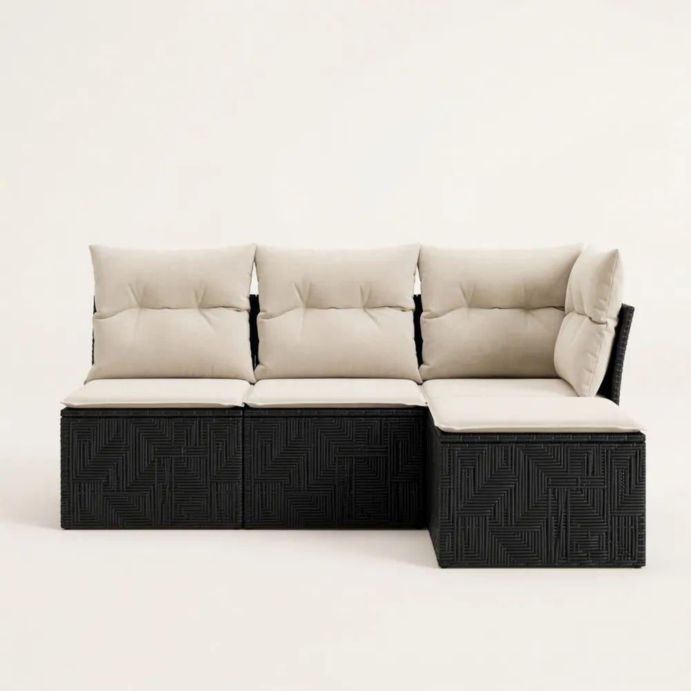 Sofá seccional de ratán sintético negro con cojines de poliéster beige-Casaluxeeu