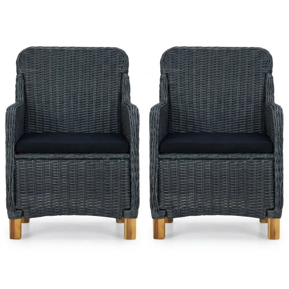 Conjunto de 2 sillones de ratán sintético gris con cojines de poliéster y patas de madera de teca-Casaluxeeu