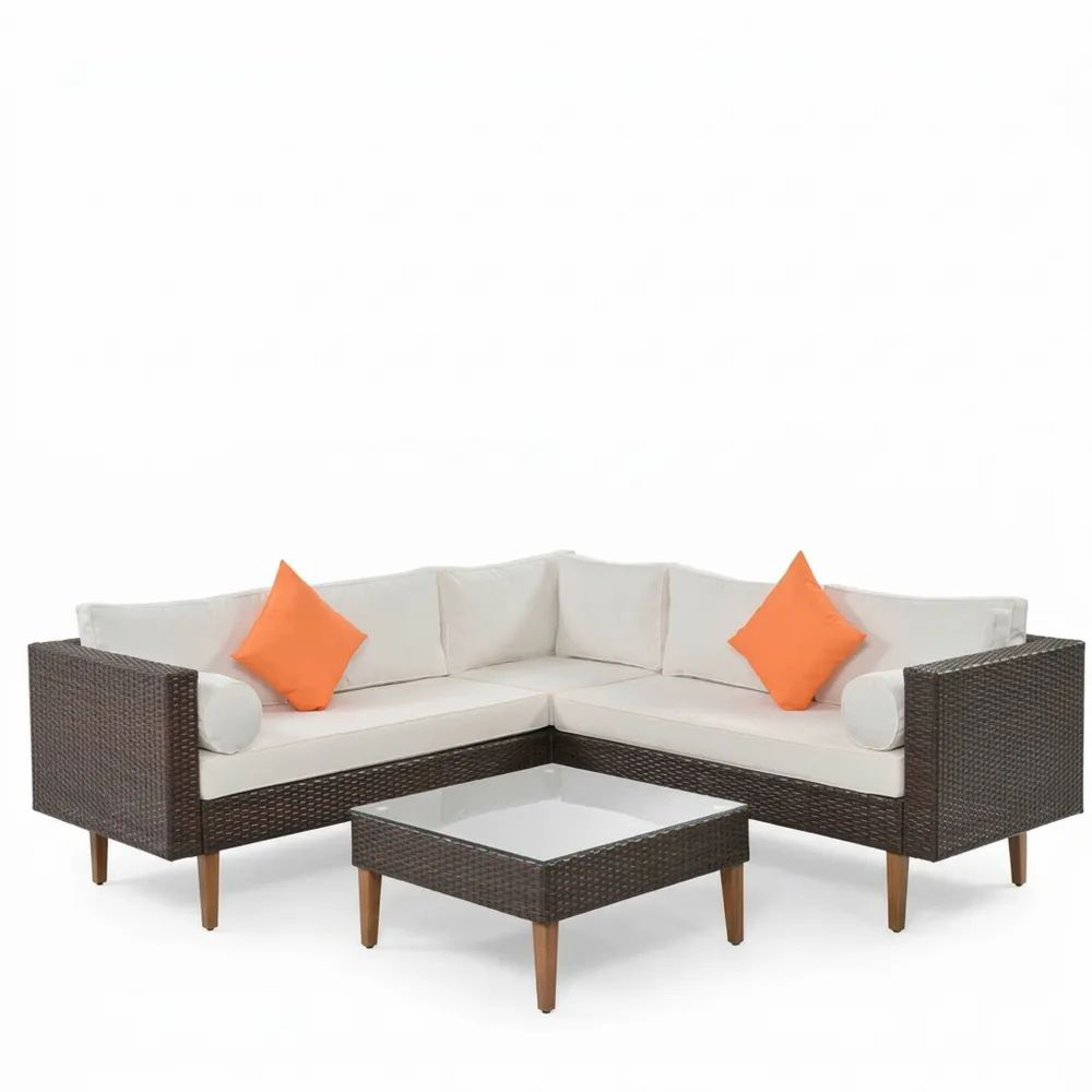 Conjunto de Sofá Esquinero en Resina y Vidrio con Cojines Beige y Naranja-Casaluxeeu