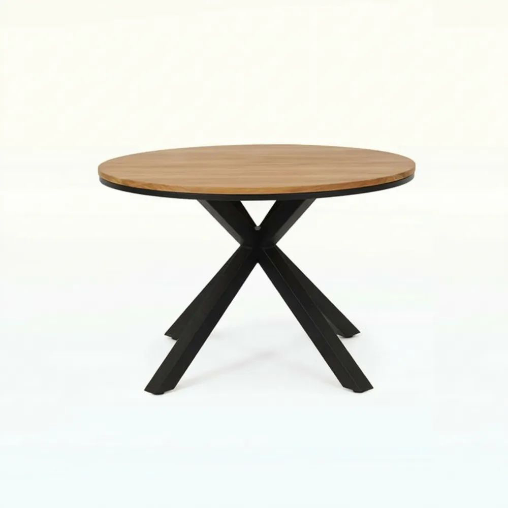 Mesa de comedor redonda de roble con estructura de acero en color marrón y negro, diámetro 120 cm-Casaluxeeu